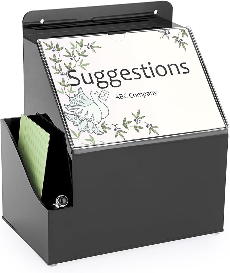 BTSKY Acrylic Suggestion Box With Lock Wall Mounted Acrylic Donation Box with 5"x7" Sign Slot Office Ballot Boxes with Side-Pocket Collection Boxes for Voting Locking Suggestion Mailbox, Black - Image 1